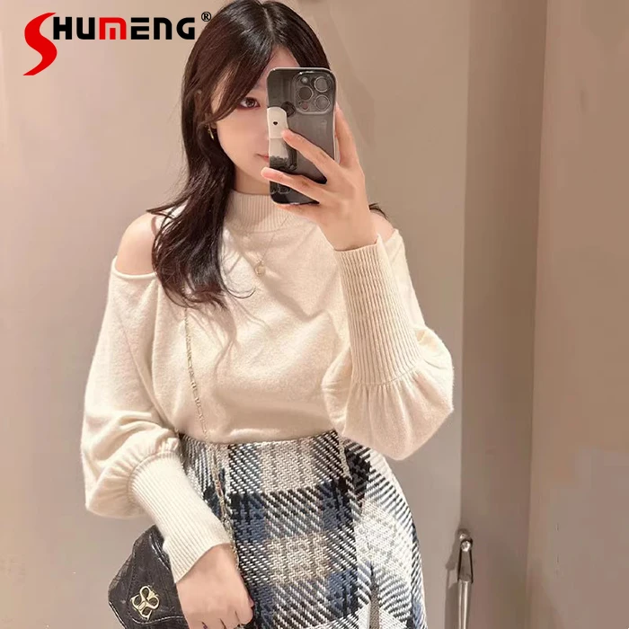 

2025 Spring and Autumn Sweet Elegant Off-Shoulder Sweaters Japanese Style Girls Women's Daily Basic Casual Knitted Pullover Tops
