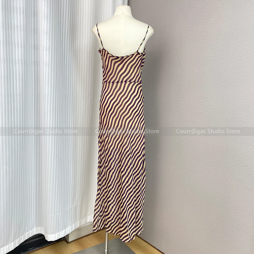 Sexy niche semi see-through wave striped swing neck halter slimming resort high class dresses