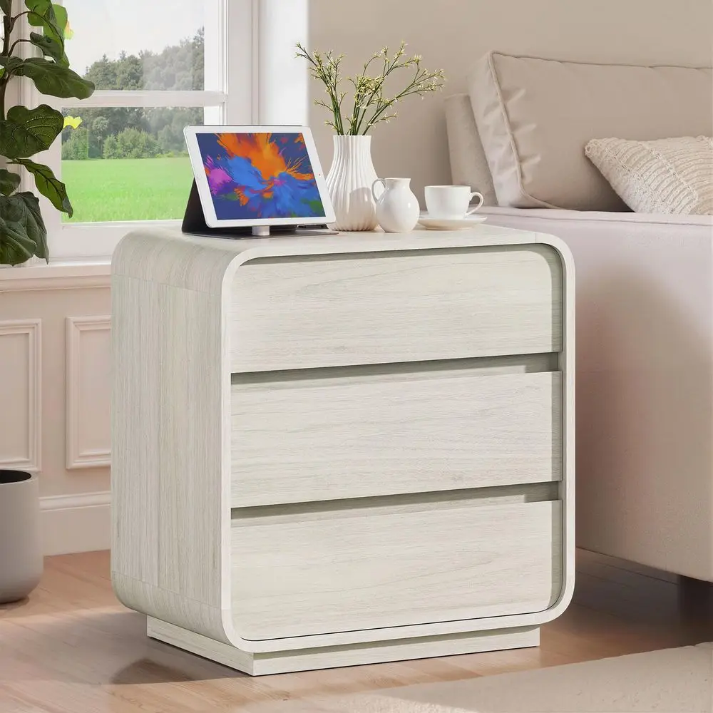 

White Nightstand with Charging Station, 25 Tall Wood Bedside Table, Modern Curved End Table with 3 Storage Drawers Night Stand
