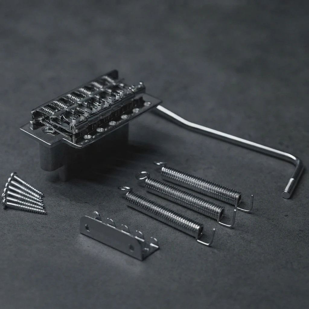 Full Block Chrome Tremolo Bridge, Vintage ST Style, 6 String, Whammy Bar, Springs, Mounting Hardware for Electric Guitars