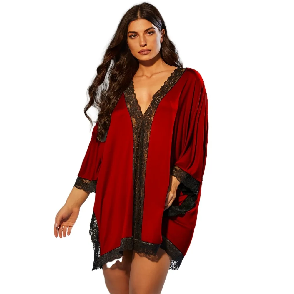 حجم كبير 1XL-5XL موضة فضفاضة فستان النوم عادية عميق الخامس فستان بأكمام قصيرة السيدات مثير الدانتيل بألواح منامة فستان
