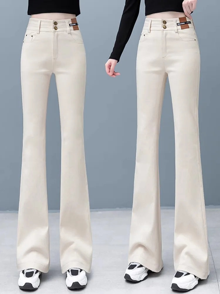 

Женские джинсы-клеш с высокой талией, прямые, зауженные, светло-бежевые, из денима, для весны и осени