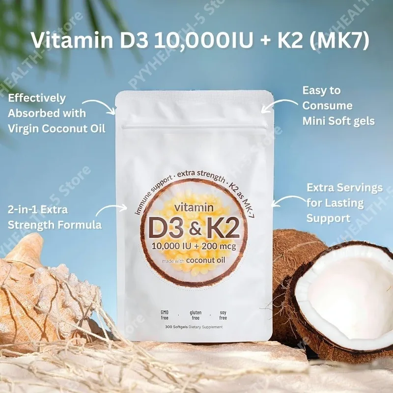 Vitamin D3 K2 Softgels D3 10000 IU + K2 MK-7 200 Mcg Softgels with Coconut Oil 2-in-1 Vitamin D & K Daily Supplement 180 Count