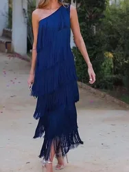 BKLD Solid Color 2025 Spring Summer New Fashion Tassel One Shoulder Sleeveless Asymmetric Dress Clothes For Women Evening Dress