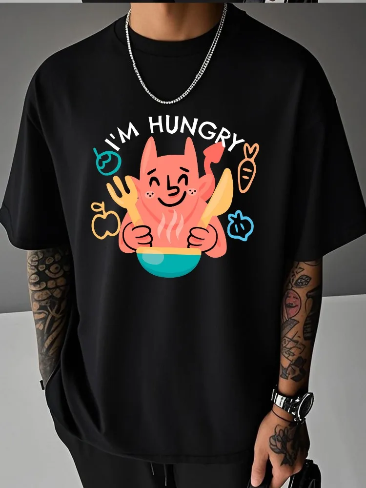 Men Summer Oversized T Shirt Cute Hungry Devil Food Letter Graphic Tee Casual Hip Hop Loose Short Sleeve Streetwear Fashion Top