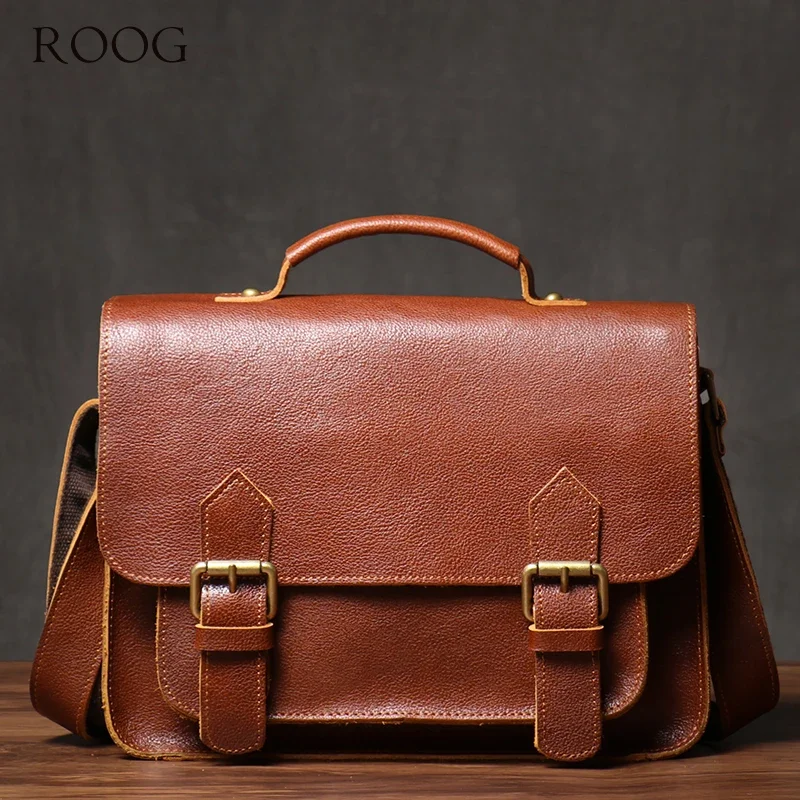 ROOG Men\'s Luxury Messenger Bag Women Real Leather Handbag Shoulder Sling Bag Vintage Crossbody Cambridge Bags For 11 Inch Ipad