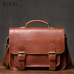 ROOG Men's Luxury Messenger Bag Women Real Leather Handbag Shoulder Sling Bag Vintage Crossbody Cambridge Bags For 11 Inch Ipad