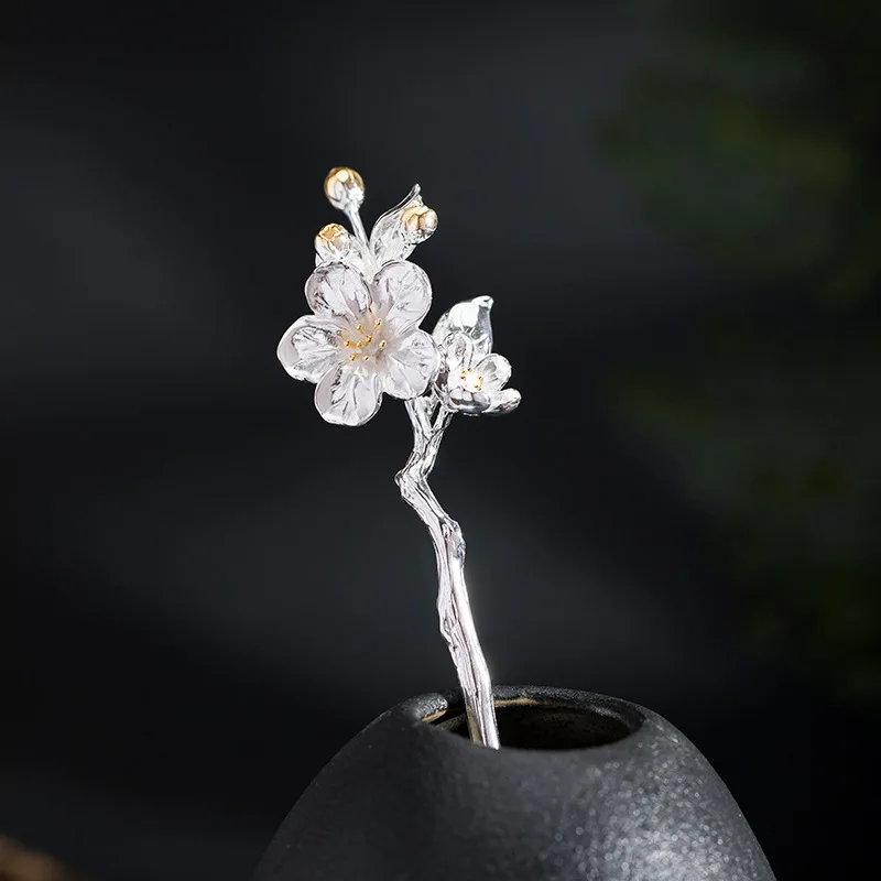 Amxiu sterling silver 925 design ancient style Hanfu disheveled crabapple hairpin palace step rocking floral hairpin for party