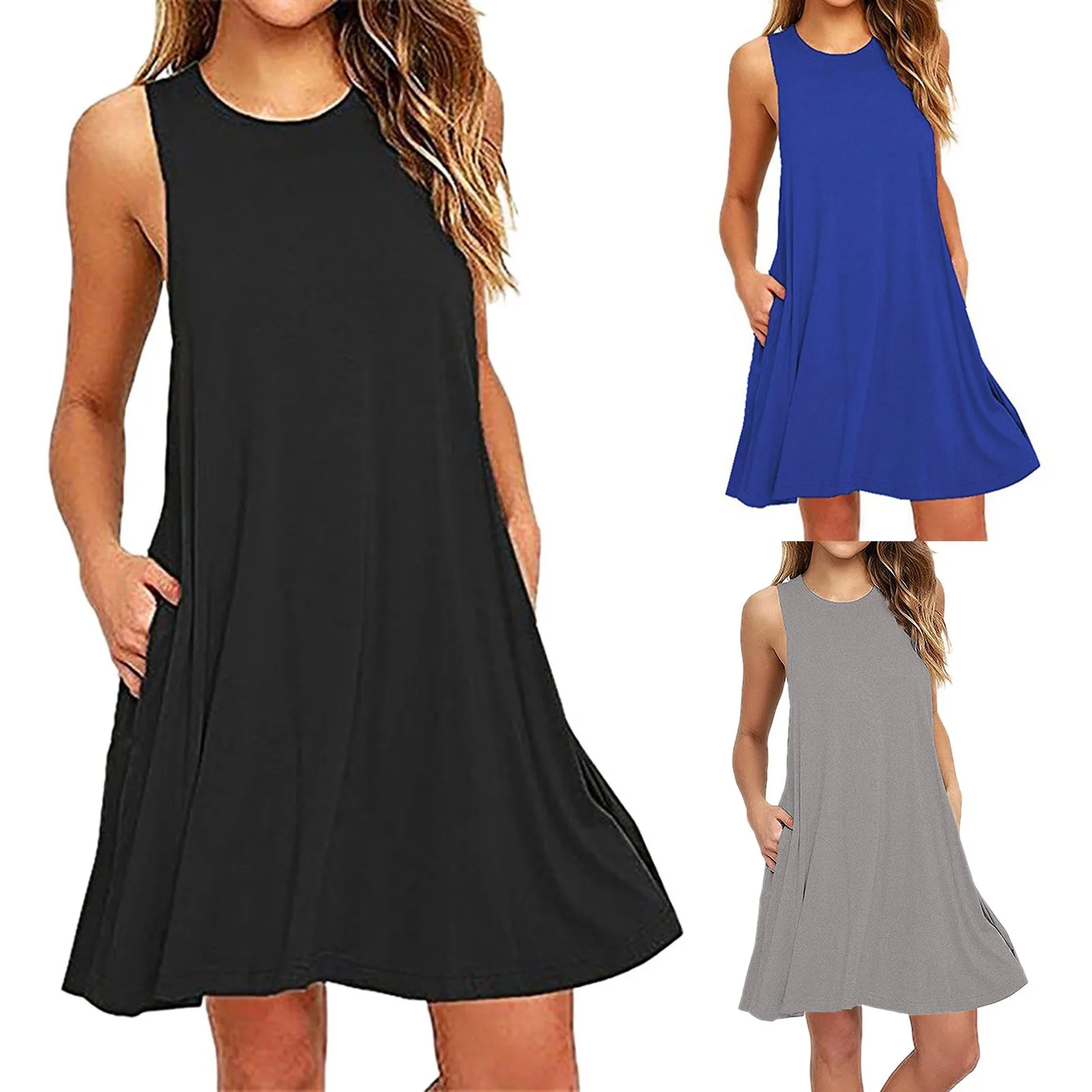 Women's Dress Summer Casual T Shirt Dresses Beach Cover up Plain Pleated Tank Pockets Dress