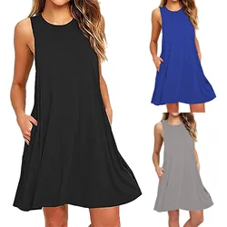 Women's Dress Summer Casual T Shirt Dresses Beach Cover up Plain Pleated Tank Pockets Dress