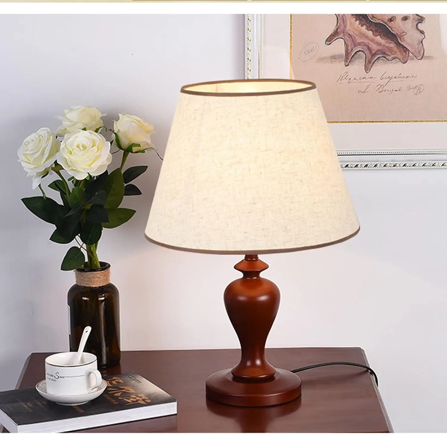 Table Lamp Retro Table Lamps Wooden Bedside Table Lamps With Fabric Lampshade Concise Nightstand Lamps For Home Office Cafe,
