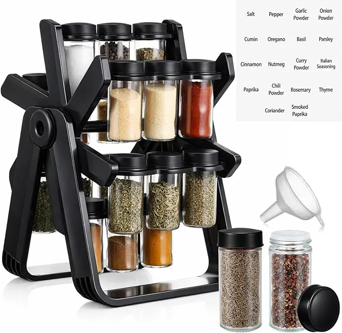 Ferris Wheel Rotating Spice Rack Seasoning Organizer with 18 Empty Jars, Spice Containers Set with Labels and Funnel, Revolving