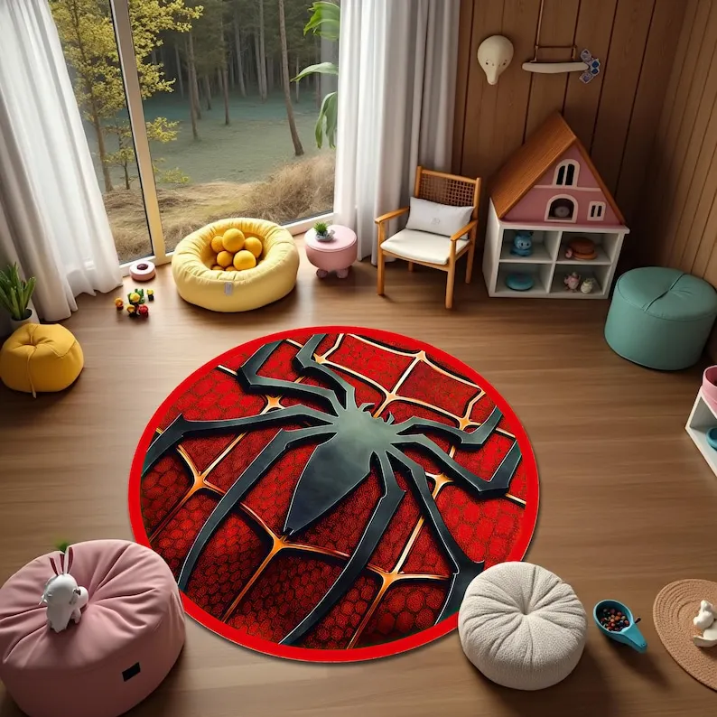 Round Rug, Children Room Carpet with Spider Web Design, Non-Slip Cartoon Fan Mat for Playroom Bedroom Decor