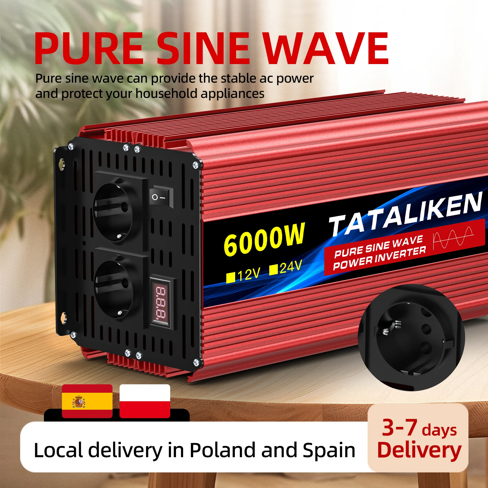 6000W/8000W/10000W Presa UE da 24V a AC 220V 50HZ inverter a onda sinusoidale pura convertitore portatile di tensione di alimentazione per auto con LED