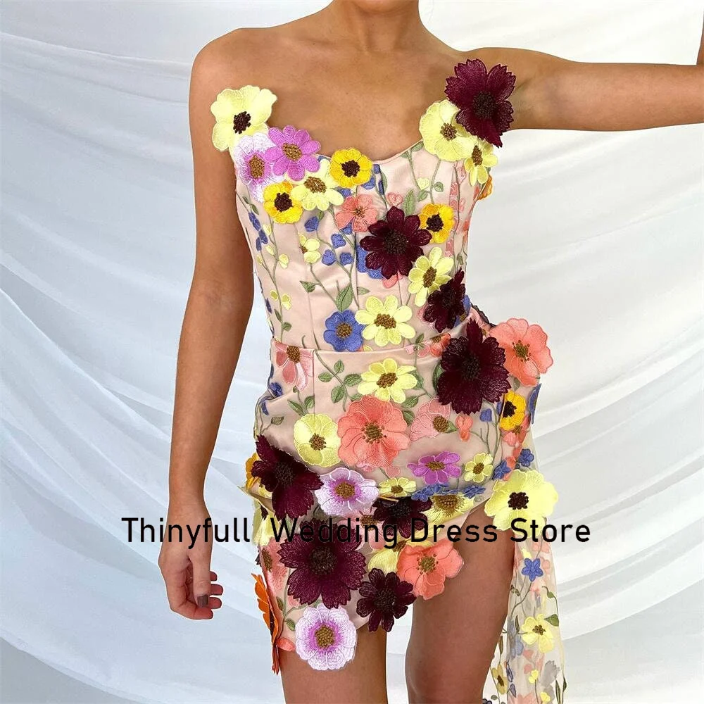 Thinyfull 3D Flowers Mermaid Short Prom Gown Sleeveless Strapless Evening Party Dress Formal Occasion Cocktail Dress Customized