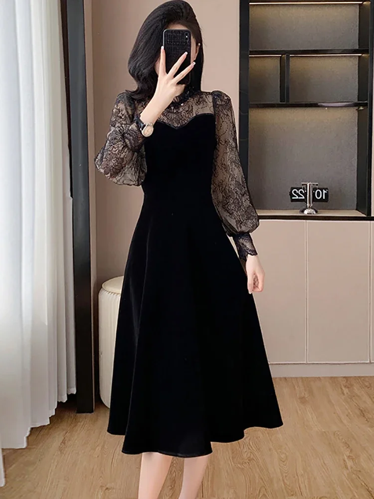 2024 Black Velvet Patchwork Lace Sheer Sexy Long Dress Women Elegant Ruffled Luxury Dress Autumn Winter Korean Vintage Vestidos