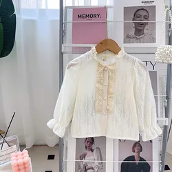 Blouses Girl Shirt Spring Autumn Pearl Underlay Lace Shirt Korean Children Clothing Tops Simple 2024 Button Simple Fashion