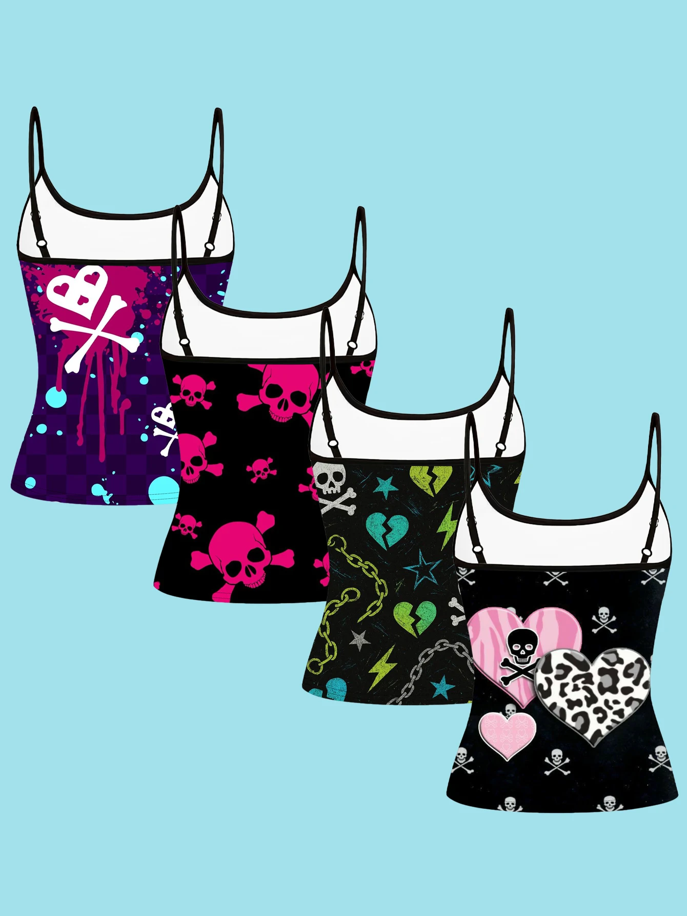 4-Piece Set of Women's Y2K Punk Style Printed Camisoles: Purple Plaid, Splatter Ink, Skull, Heart, Lightning, Chain, Leopard Print, Heart-Shaped, Slim-Fit, Spaghetti Strap Inner Tops