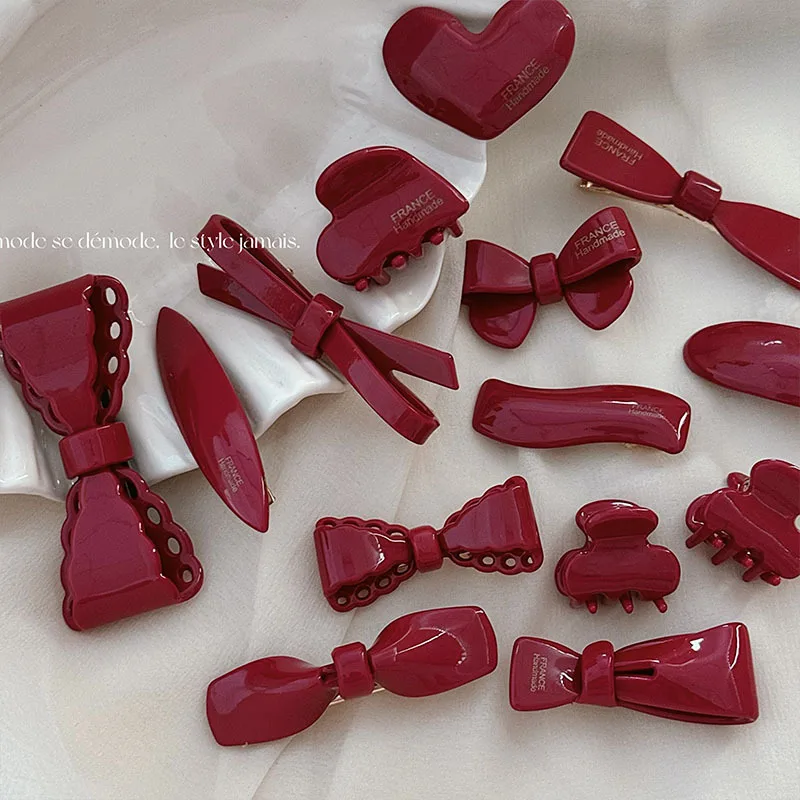 New Year Festival Atmosphere Head Clip Wine Red Bow Bang Clip Duckbill Clip Sweet Retro High Quality Hair Accessories