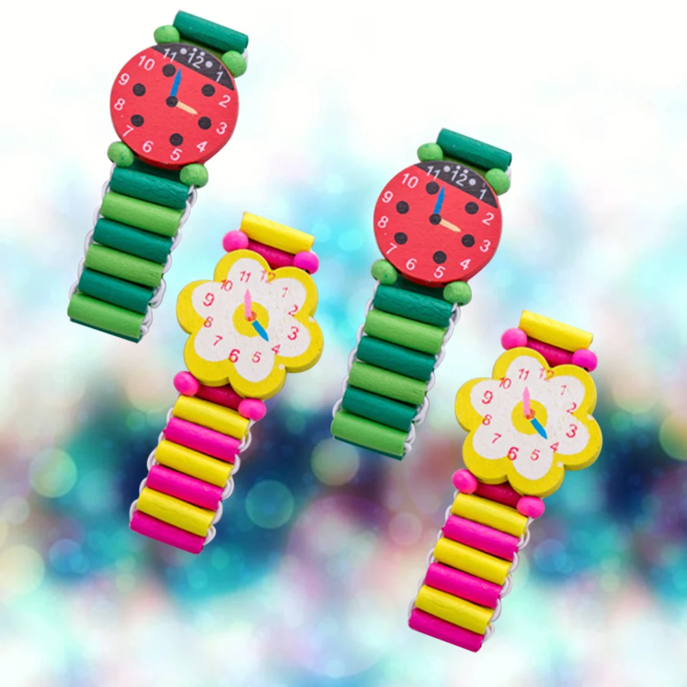 

4pcs Children Watches Toys Cartoon Ristwatches Wood Crafs Kids Safe Paint Rich Patterns Lifelike Modelling Gifts