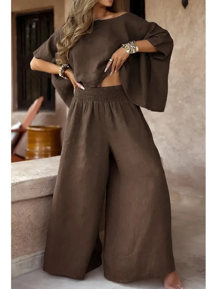 

2025 Summer Women's New Style Pants Suit Loose Top+Wide-leg Trousers Female Outdoor Camping Casual Versatile Style Trousers Suit