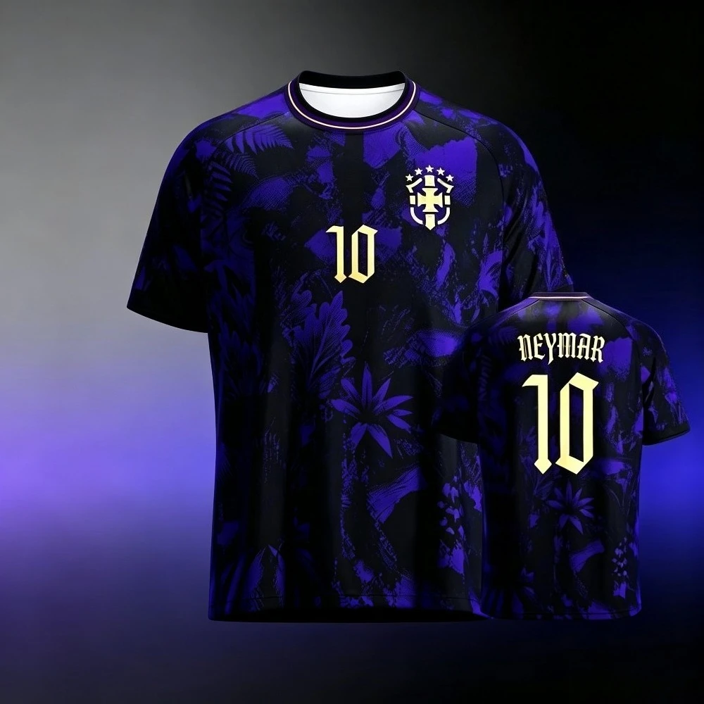 Neymar 10 Soccer Jersey Men Women Quick‑Dry Short Sleeve Tee Purple Black Floral Print Sports Fan Football Top Unisex Sportswear
