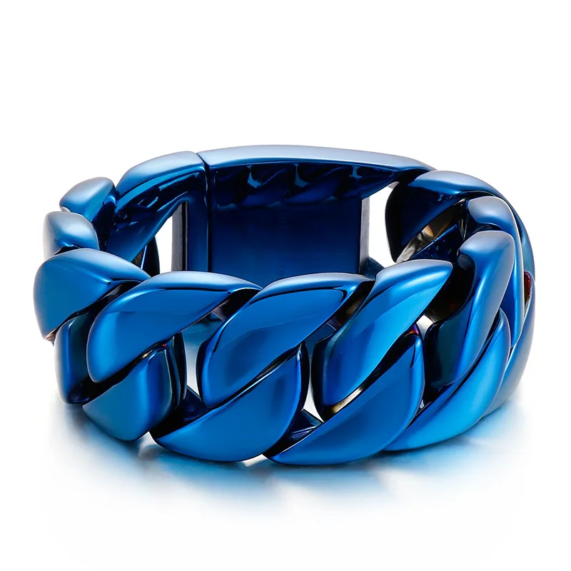 Blue Chunky Gothic Mens Stainless Steel Miami Cuban Chain Bracelet 32mm 9.44''/ 8.66inch