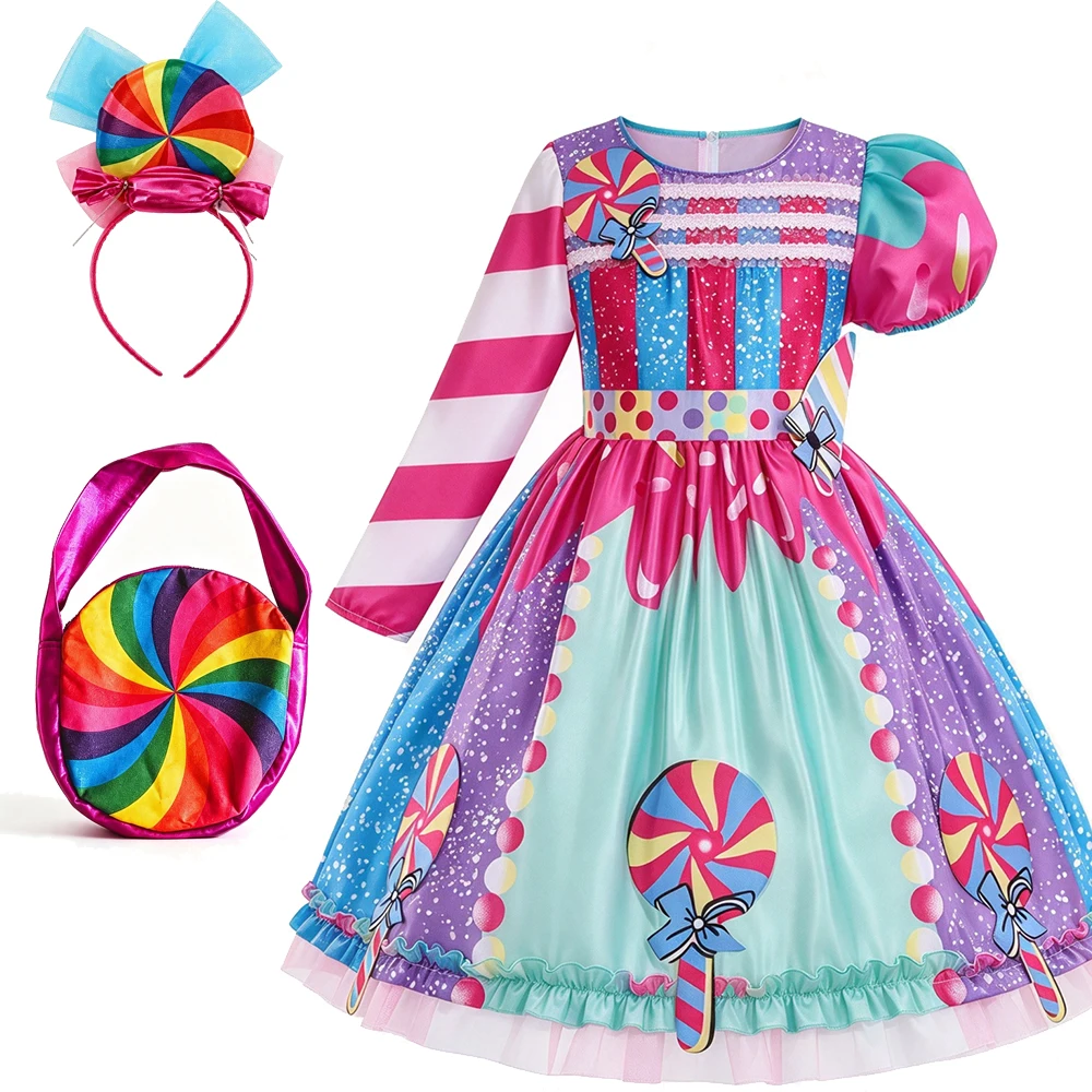 2026 Kinder Purim Verkleidung Regenbogen-Süßigkeitenkleid mit Stirnband Lollipop Cosplay Kostüm Kinderkleid Geburtstag Karneval Party Geschenk – Detail 6