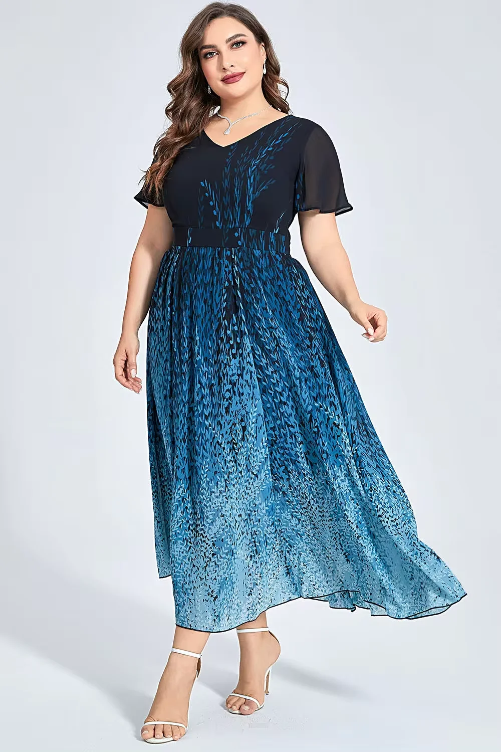 Plus Size Semi Formal Blue Chiffon Ombre Print Ruffle Sleeve Tunic Maxi Dress Elegant Party Casual Vintage Summer Dresses 2024