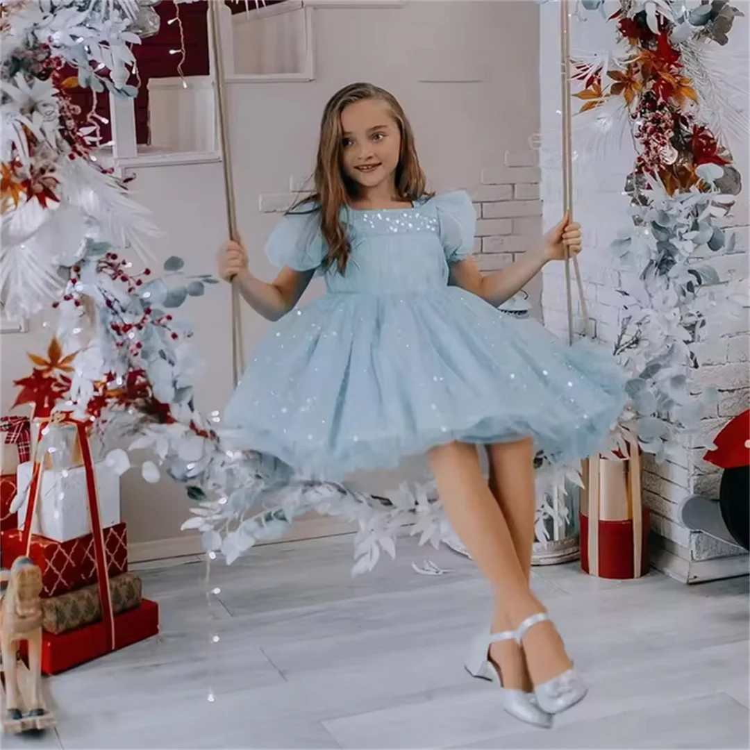 

Customized Blue Flower Girl Dress For Wedding Sequins Knee Length Princess Kids Birthday Party First Communion Ball Gowns