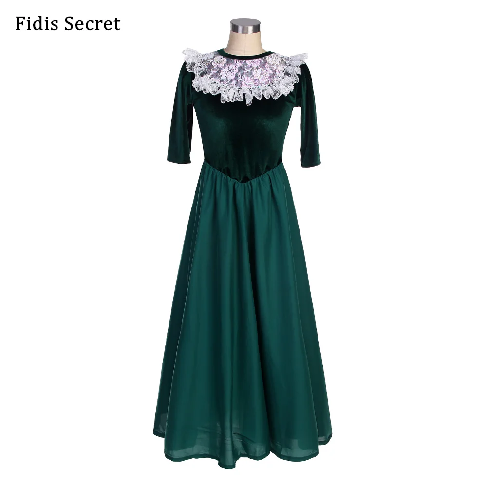 

Female Green Long Romantic Ballet Tutu Stage Wear,Girls Ballerina Middle Sleeves Performance Dance Costumes.Velvet Party Dress