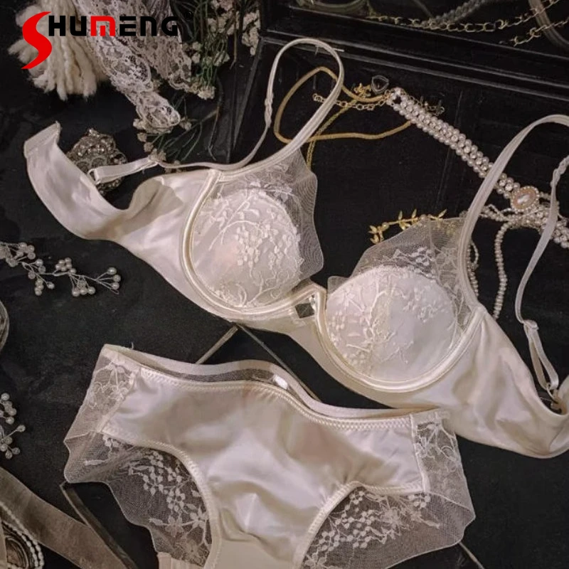 French Lace Bra Set for Women Satin Chest Push Up Anti-Sagging Brief Suits Female Large Chest Sexy Underwear Intimates