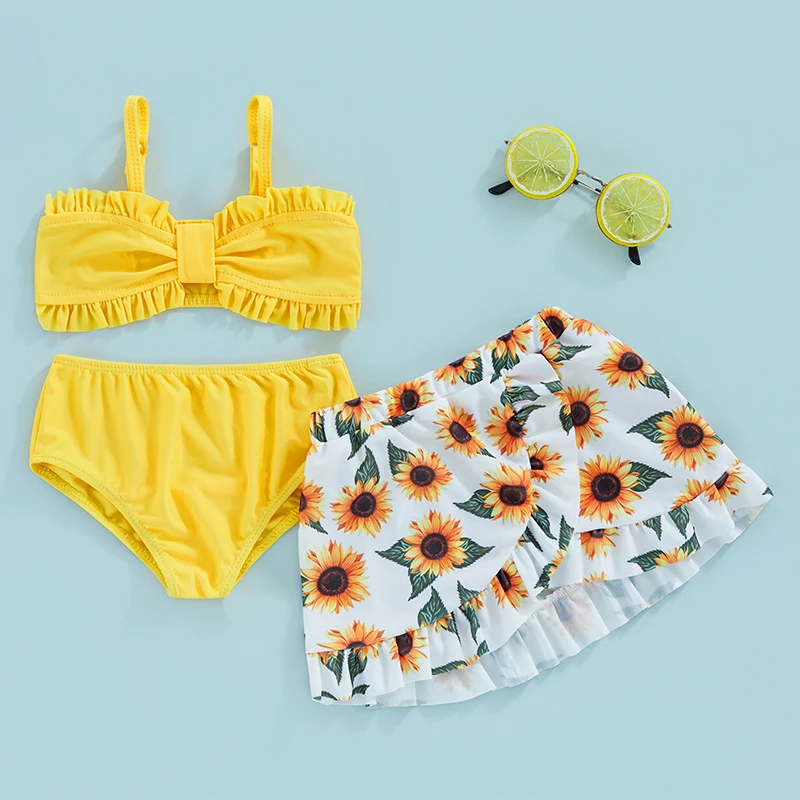 9M-4T Kids Girls Swimwear and Cover Up Summer Floral/Tie Dye Print Camisole Bra Elastic Shorts and Ruffle Skirt 3-Piece Set