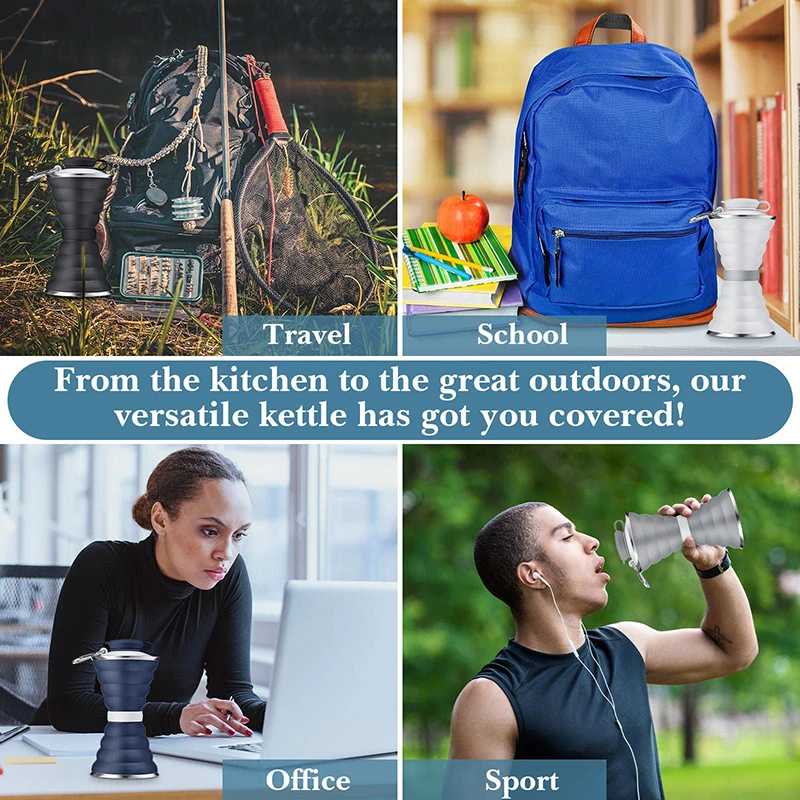 カラビナ付き折りたたみ式カップ 500ml 折りたたみ式シリコンボトル アウトドア旅行用 携帯用漏れ防止シリコンウォーターボトル