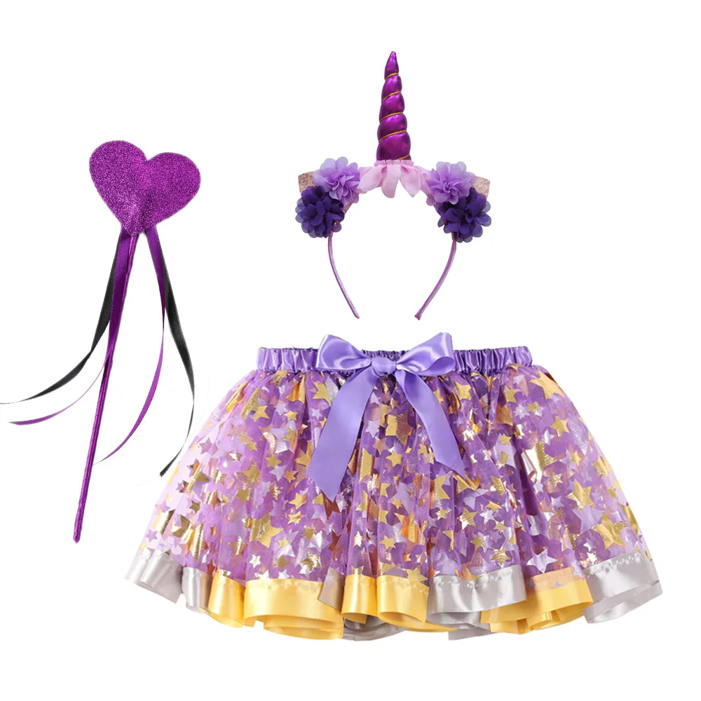 

3Pcs Girls Witch Cosplay Costume With Wizard Cake Skirt+Headband+magic wand SetTUTU Skirt Kids Pumpkin Bat Print Short Puffy