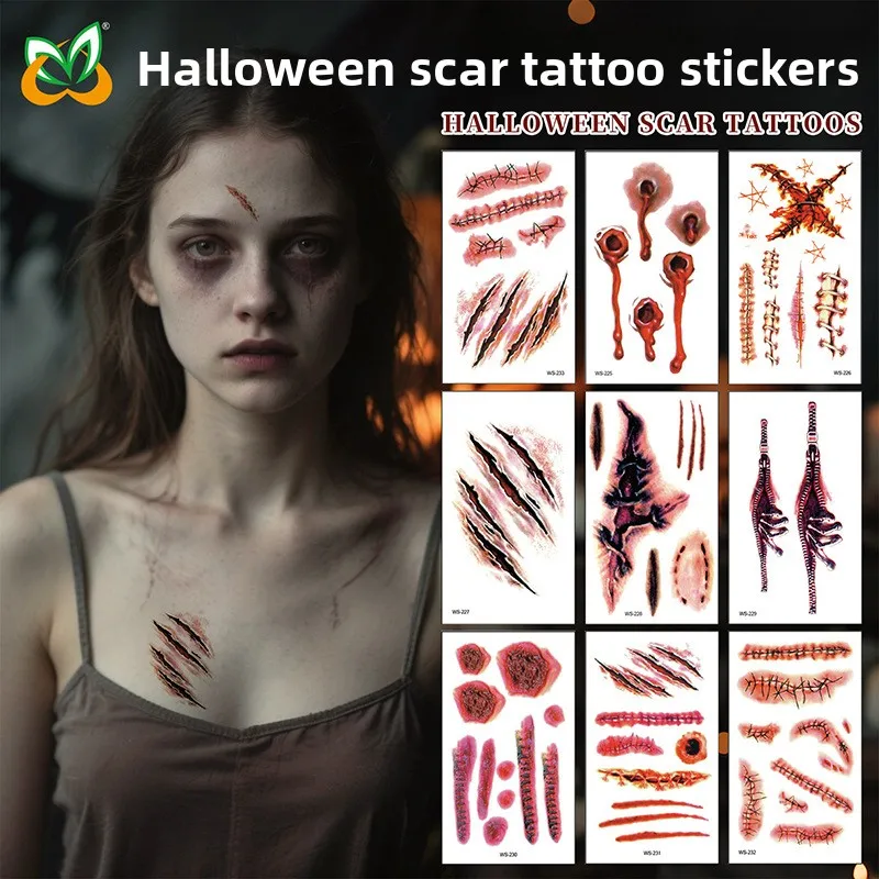 Waterproof Sweatproof Halloween Scary Scar Temporary Tattoos Bloody Wound Knife Cut Stickers For Halloween Party Face Makeup