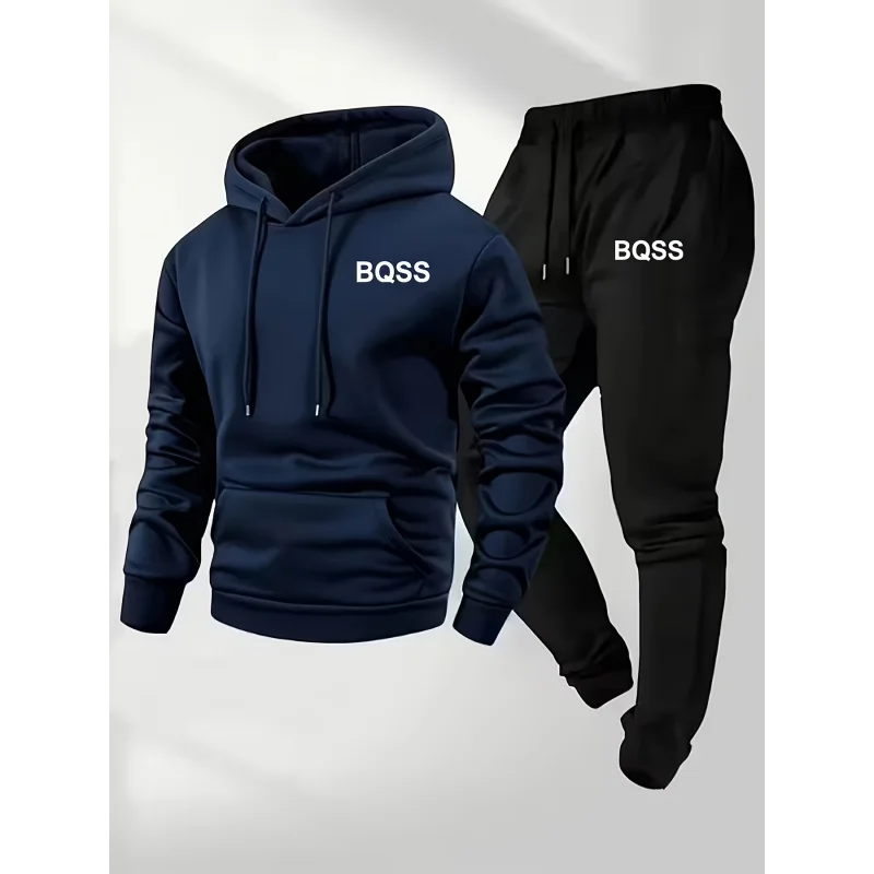 

2026 Autumn/Winter Men's Thickened Fleece Hooded Sweatshirt and Joggers Casual Sportswear Two-Piece Set, BQSS Letter Print -2