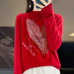 2024 Autumn/Winter New Pure Wool Women's Sweater Chinese Red Hot Diamond Solid Color Pullover Cashmere Sweater Loose Long sleeve