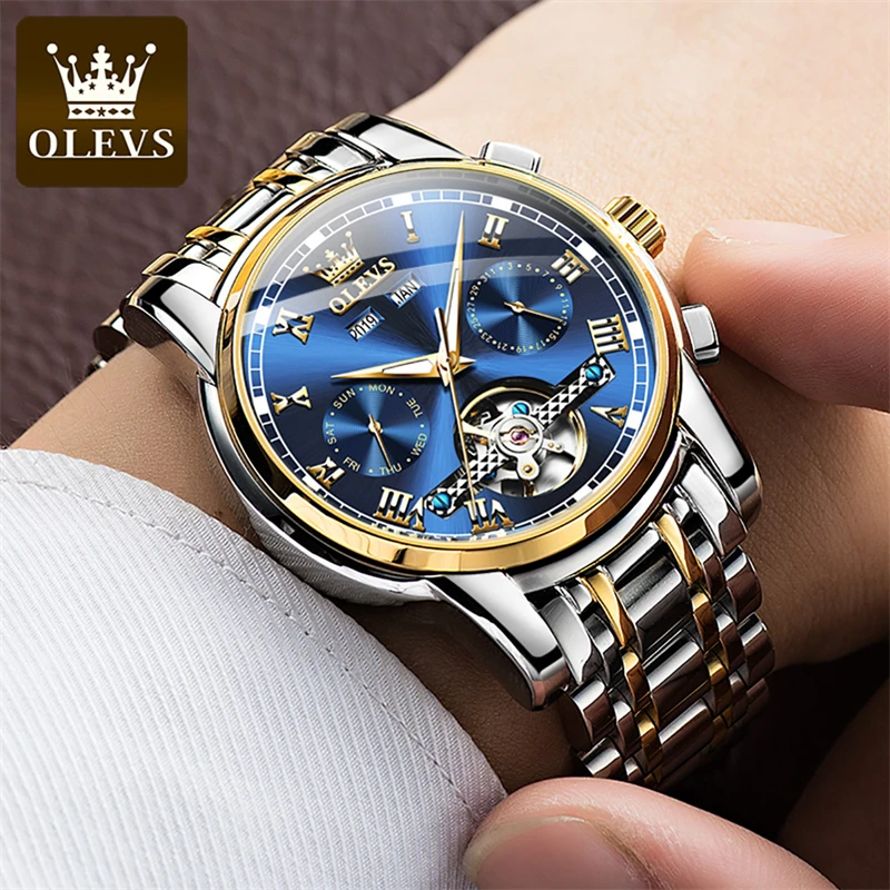 

OLEVS Business Men's Automatic Mechanical Watches Stainless Steel Strap Waterproof Calendar Skeleton Tourbillon Watch for Man