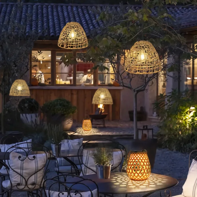 Solar Led Lights Pendant Light Outdoor Waterproof Lamp Courtyard Pavilion Hanging Rattan Woven Lamp Vintage Garden Decor Lamp