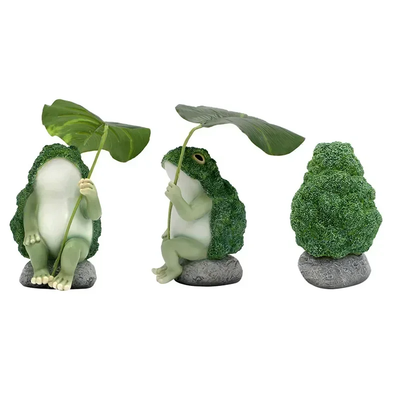 

Broccoli Frog Figurine Frog Holding Leaf Umbrella Sculpture Sitting on Rock Garden Decor Statue Water Decoration Ornament Gift