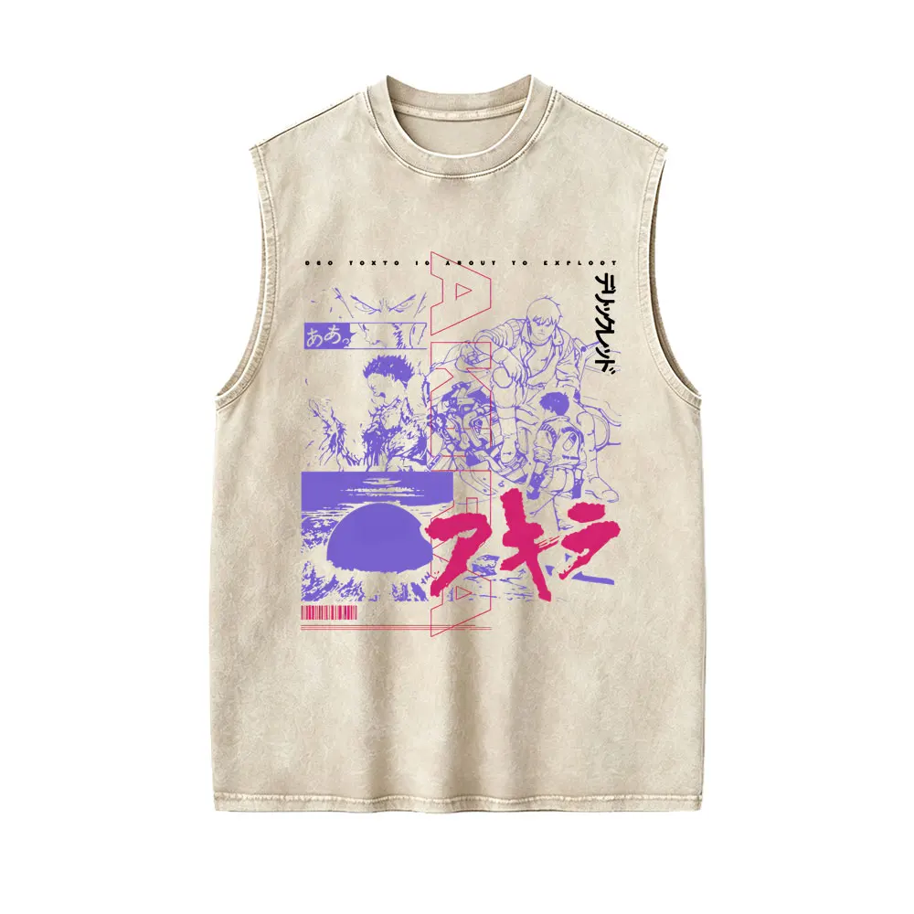 Japanese Anime Movie Akira Vintage Washed Tank Tops Men's Clothing Tetsuo Shima Shotaro Kaneda Merch Sleeveless Vest T-shirts