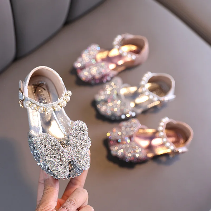 Girls Leather Shoes Fashion Rhinestone Bling Kids Princess Shoes Flat Heels Children Party Shoes