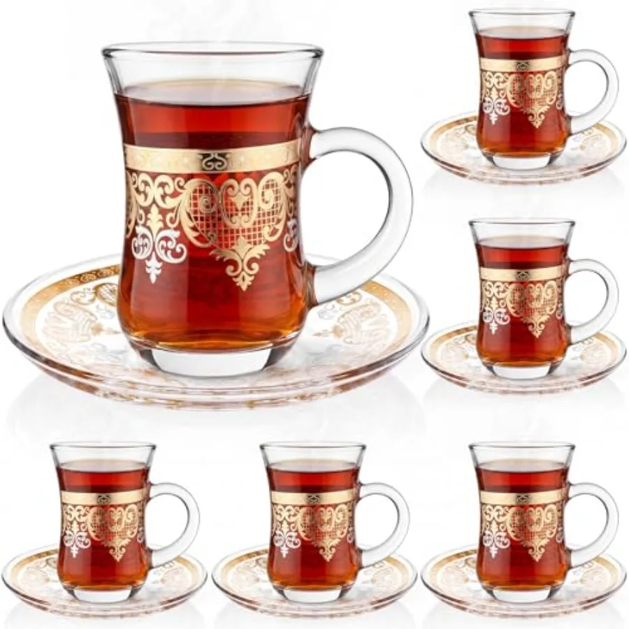 

6 Set Turkish Tea Glasses with Saucers, Vintage Gold 5.5 oz Turkish Tea Cups Glass, Arabic Moroccan Decorative Glasses Teacup f