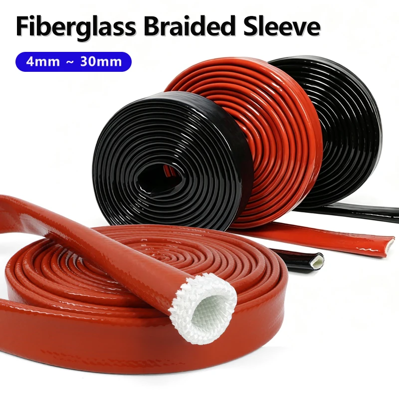 1/5m Fiberglass Sleeve Dia 4 6 8 10 12 15 20 25 30mm Silicone Resin Coated Glass Fiber Braided High Temperature Resistant Tube