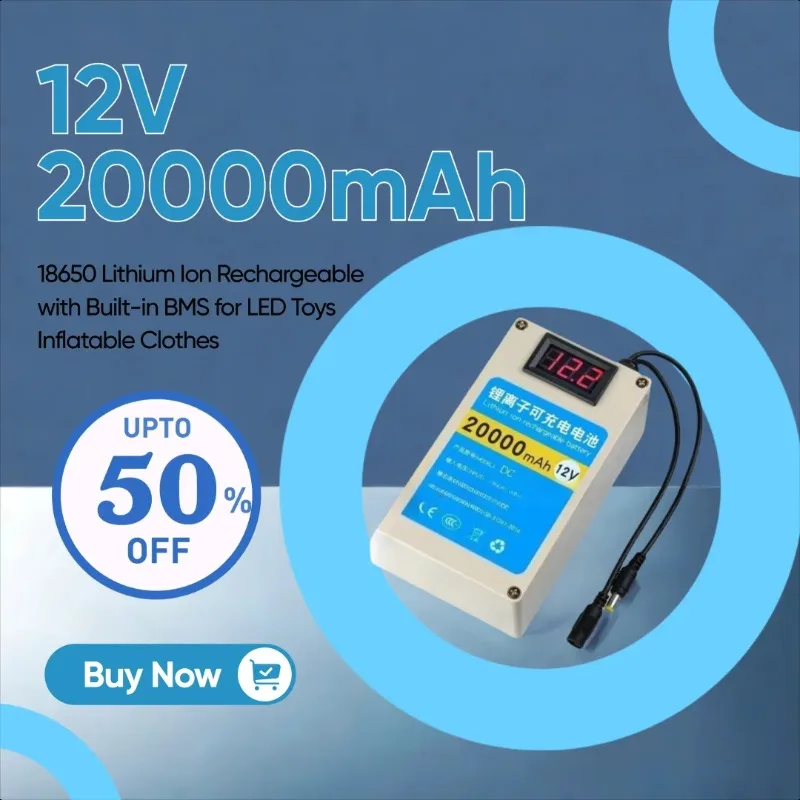 

New DC 12V 20000mAh Battery 18650 Lithium Ion Rechargeable with Built-in BMS for LED Toys Inflatable Clothes
