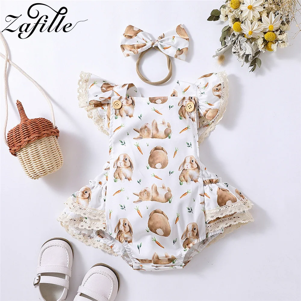 

ZAFILLE Baby Easter Romper Summer Flying Sleeve Newborn Bodysuit Girls Overalls Rabbit Print Kids Clothing Infant Girls Playsuit