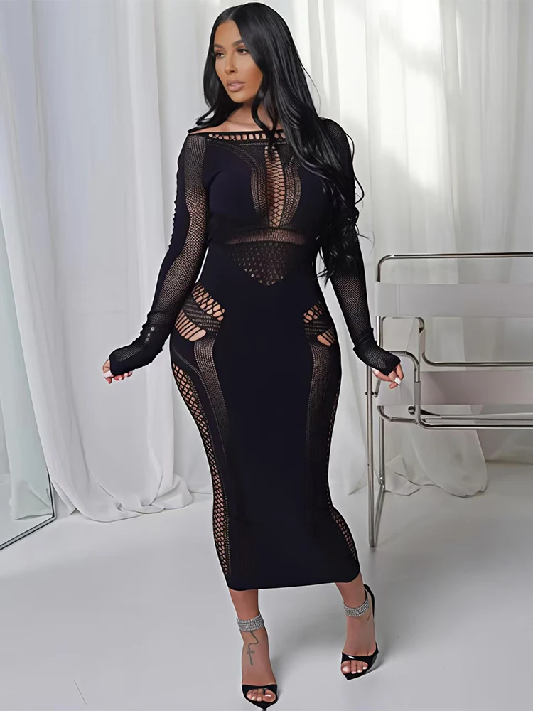 女性のセクシーなメッシュドレス長袖中空アウトシースルーボディコンミディドレススリムフィットパーティークラブナイトアウトドレス