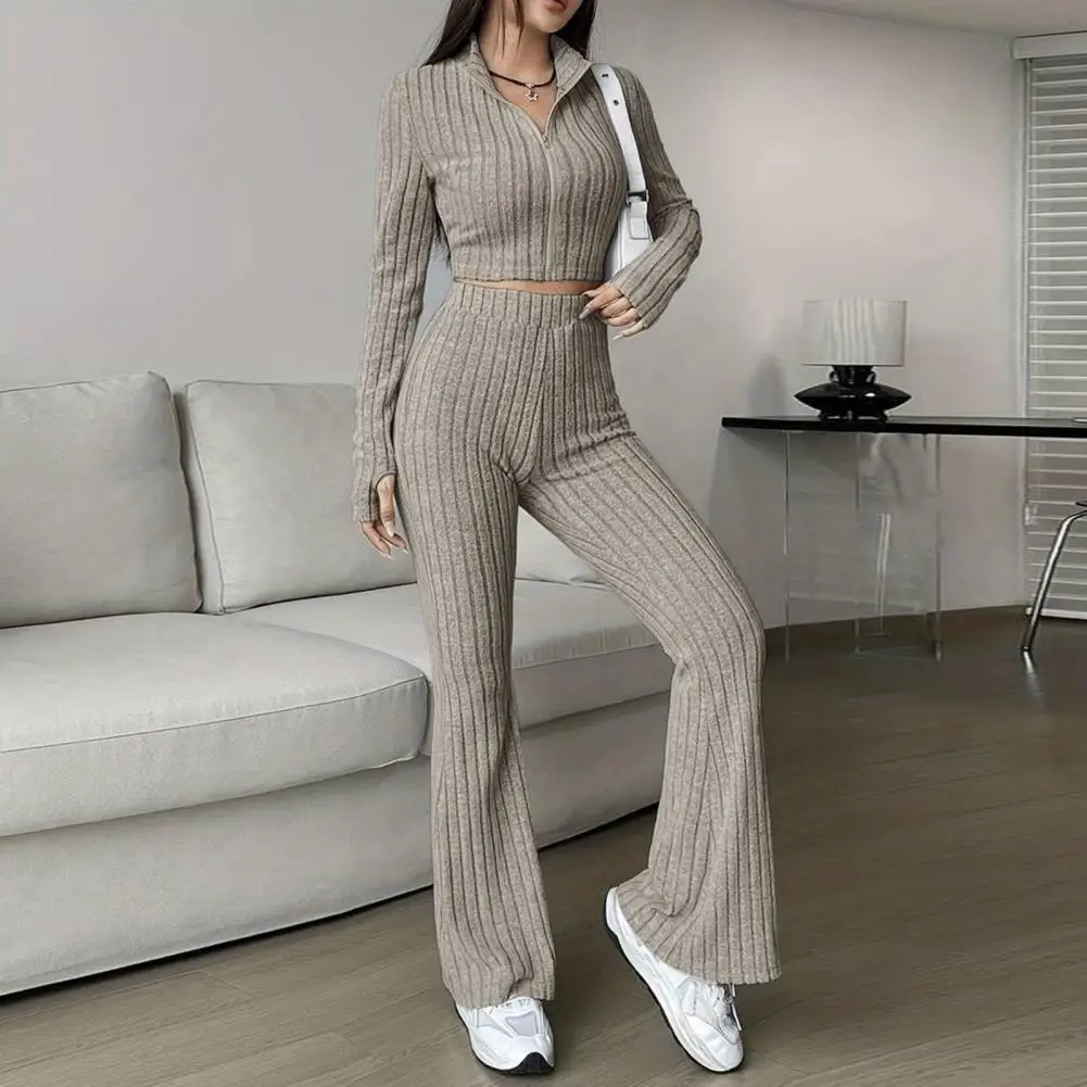 

Women Two-piece Set Women's Spring Commuting Outfit Flared Pants Set with Zipper Closure Stand Collar Coat High Waist for Daily