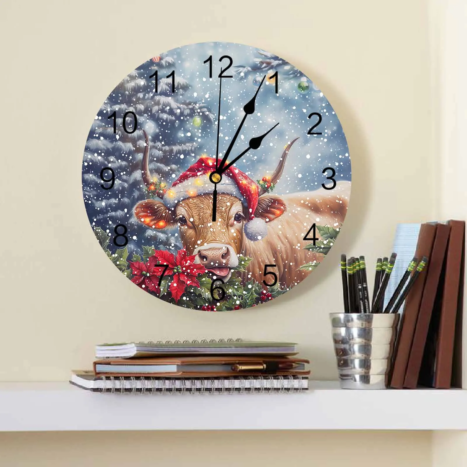 Christmas Watercolor Poinsettia Wall Clock Large Modern Kitchen Dinning Round Wall Clocks Watches Living Room